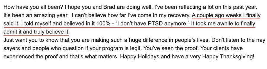 A member: A couple of weeks ago I finally said it, and believed it 100 percent: I don't have PTSD anymore.