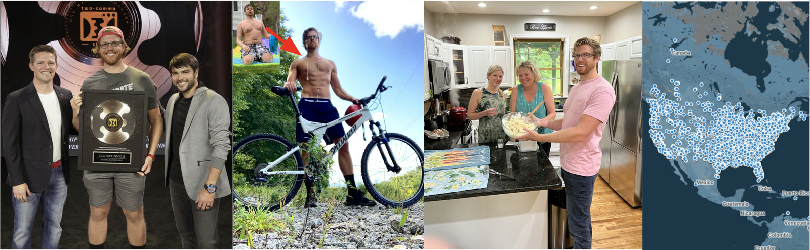 Brad winning a business award on stage, before and after losing 65 pounds, cooking with his family, and a map of clients across North America