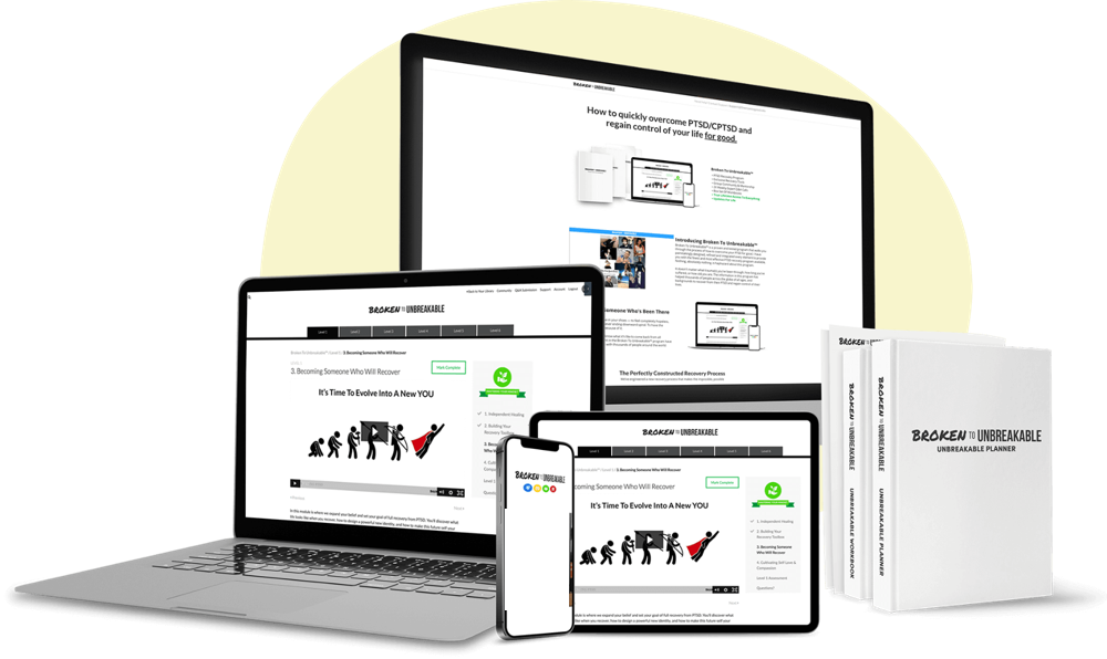 The Broken To Unbreakable program on a computer, laptop, tablet and phone, with the Unbreakable Planner